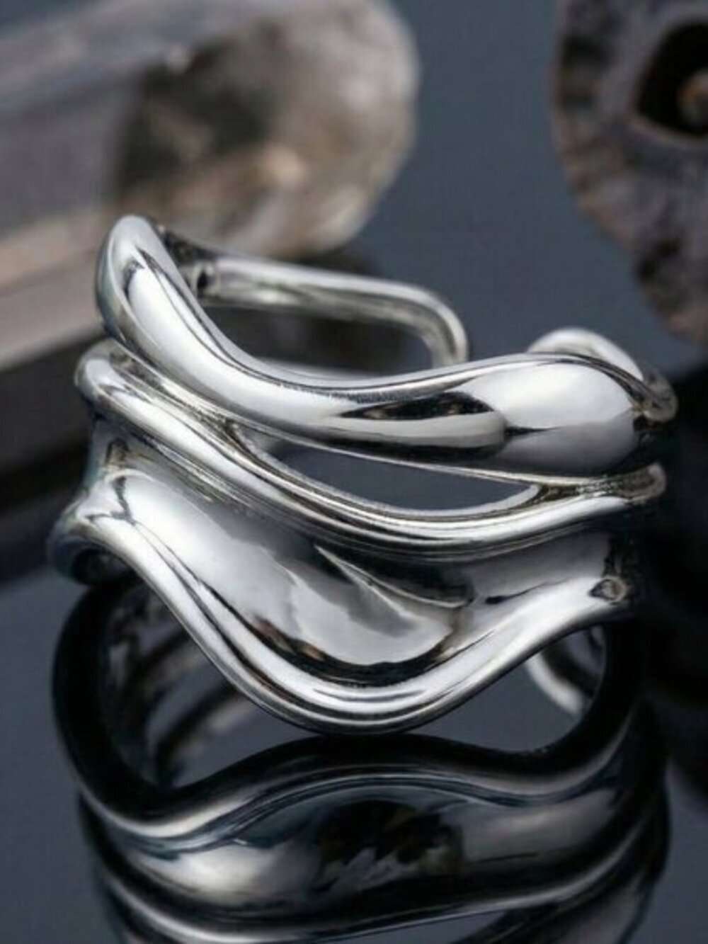 18K White Gold Plated Stainless Steel Open Wave Ring Minimalist Adjustable 7-9 - Picture 14 of 14